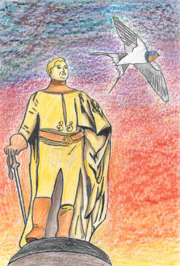 Drawing shows a golden, male figure standing proudly on a grey plinth. He looks toward a swallow flying away from him to the right.