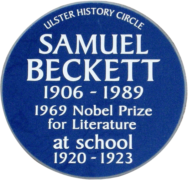Blue plaque reading: Samuel Beckett, 1906-1989, Nobel prize for literature, at school 1920-1923