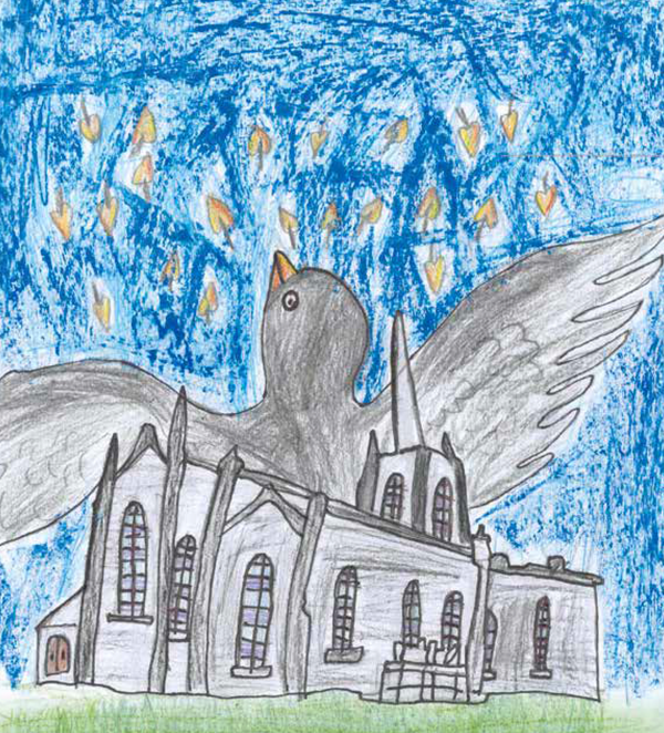 Drawing shows a large bird emerging from a stone church against a star-filled sky.