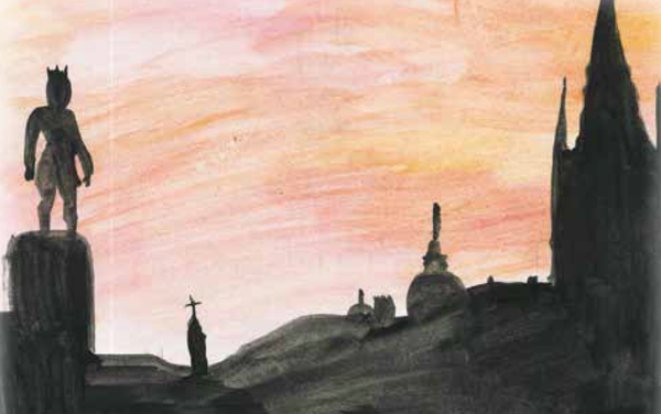 Drawing shows Silhouettes of a crowned figure on a plinth, a gravestone, and a church against a peach-coloured sky.