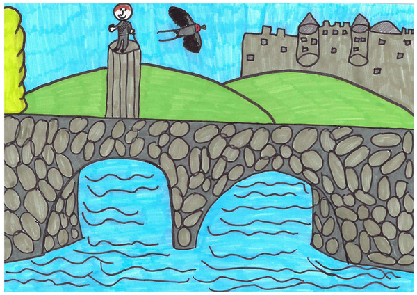 Drawing shows a large, stone bridge spanning a flowing river. A figure on a plinth, a swallow in flight, two green hills, and a grey castle are seen in the background.